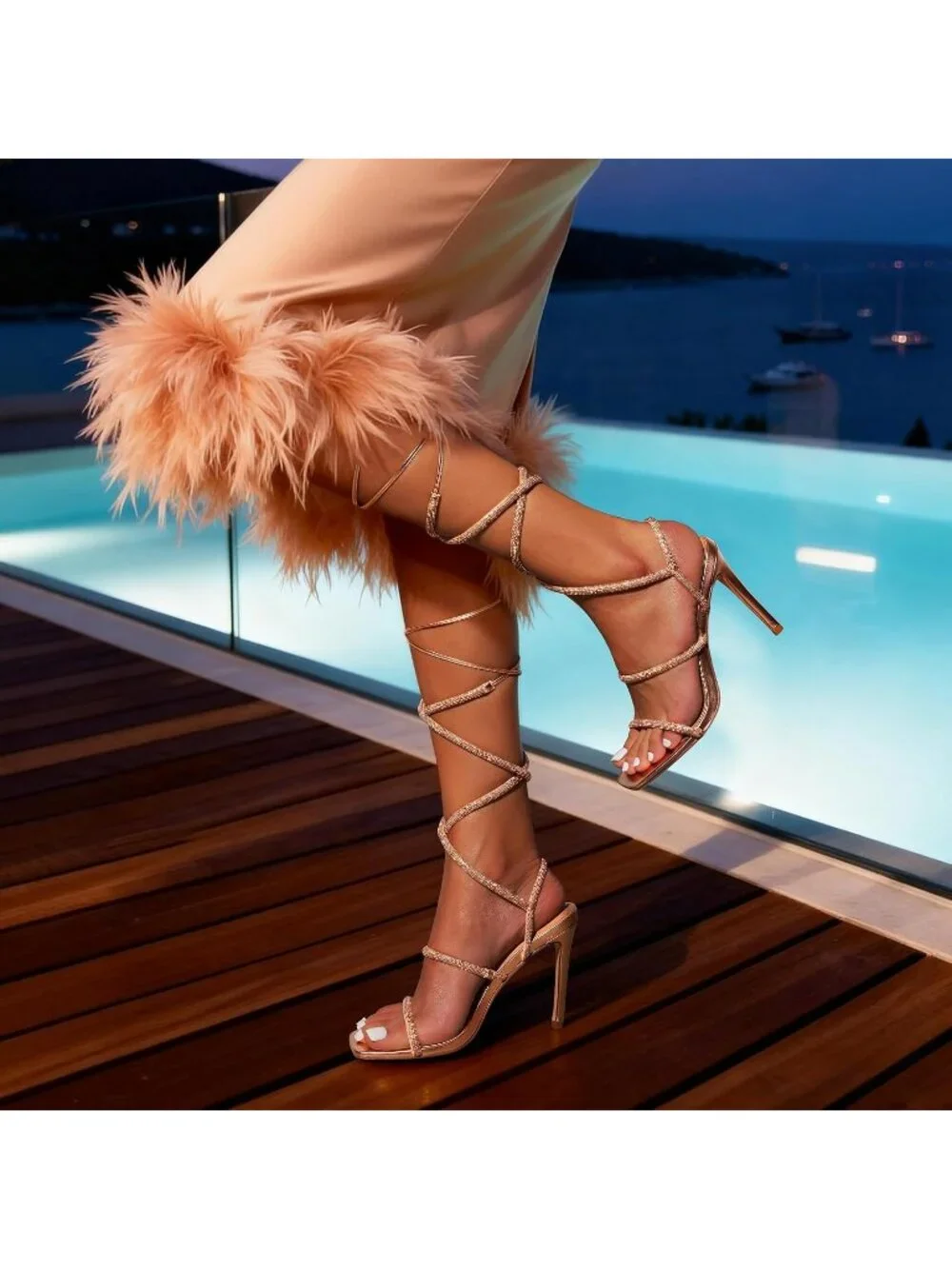 Women's Rose/Gold Strappy Stilettos Gladiator Sexy Square Toe Open Toe Sandals